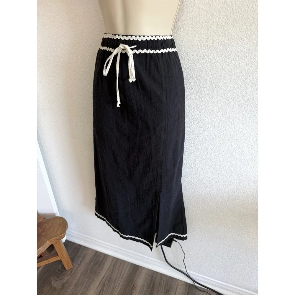 Free‎ People Penelope Midi Skirt Lg Black Contrasting Trim Pull On Travel Cotton